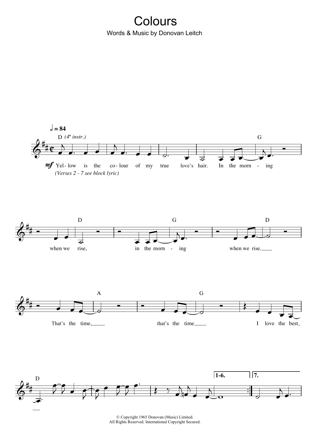 Donovan Colours sheet music notes printable PDF score