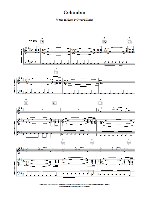 Oasis Columbia sheet music notes printable PDF score