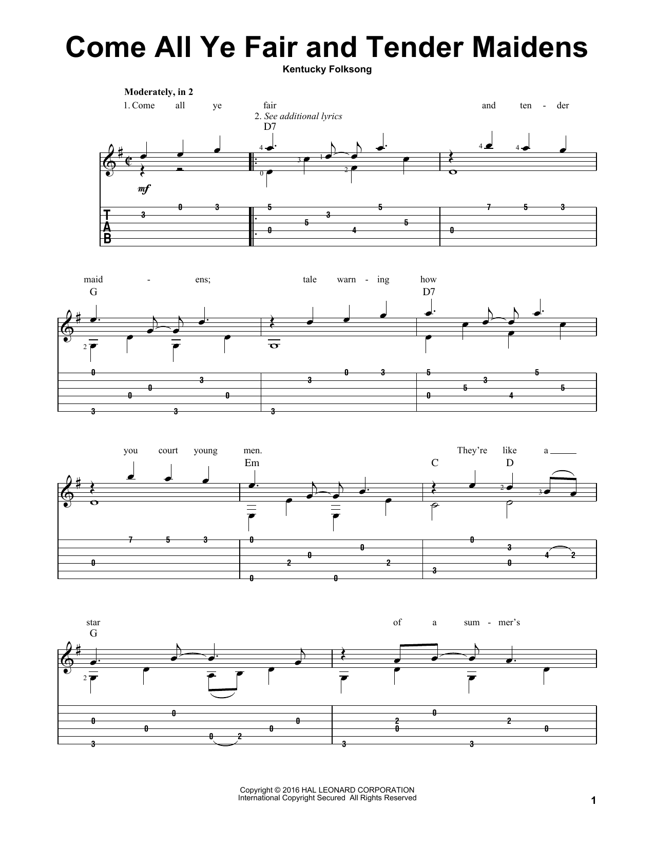 Download Kentucky Folksong Come All Ye Fair And Tender Maidens Sheet Music