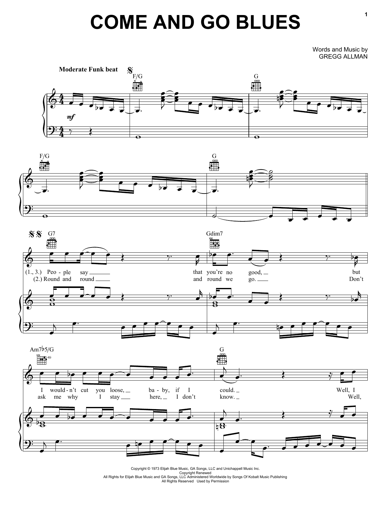 Download The Allman Brothers Band Come And Go Blues Sheet Music