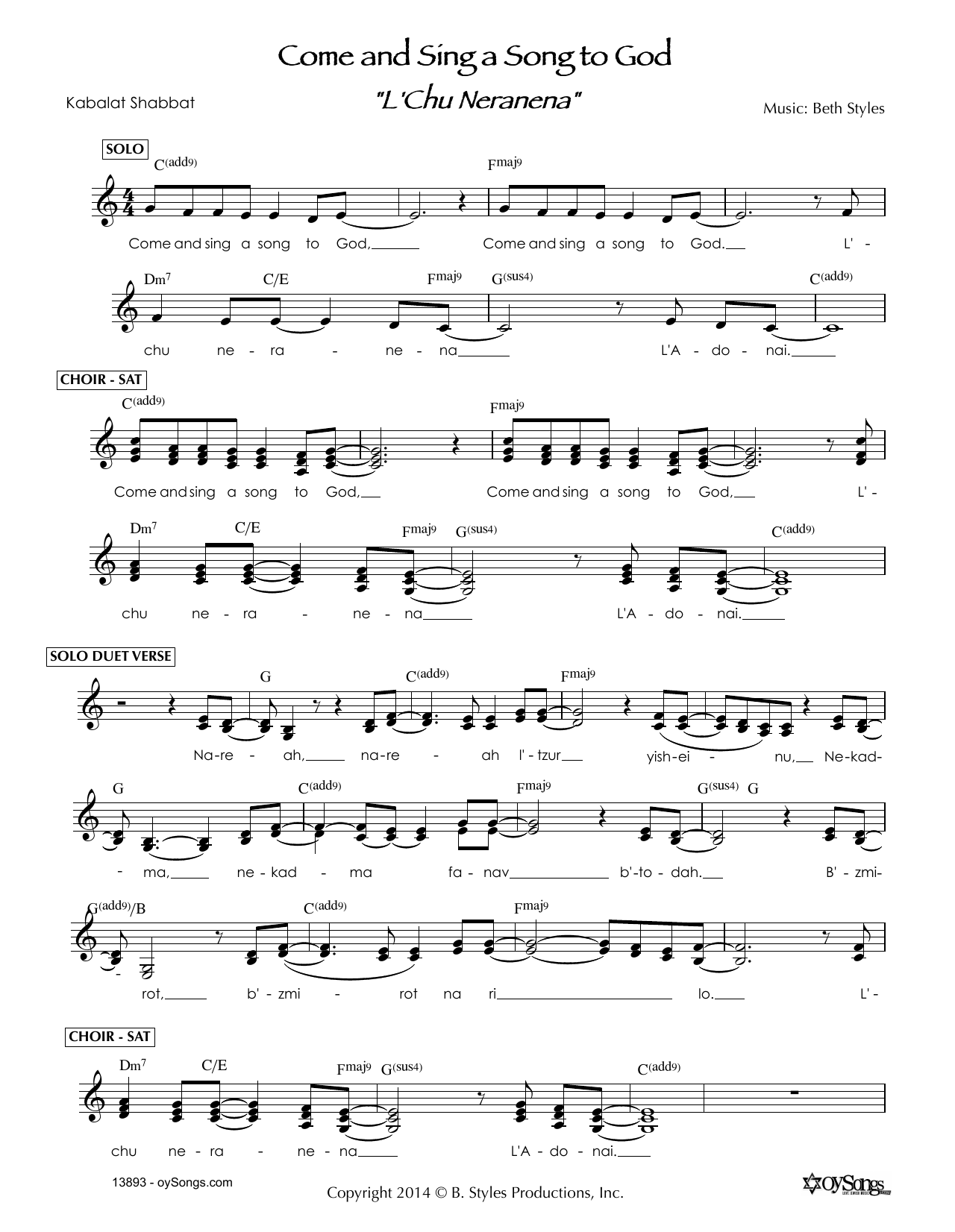 Download Beth Styles Come and Sing a Song to God - L'Chu Ner Sheet Music
