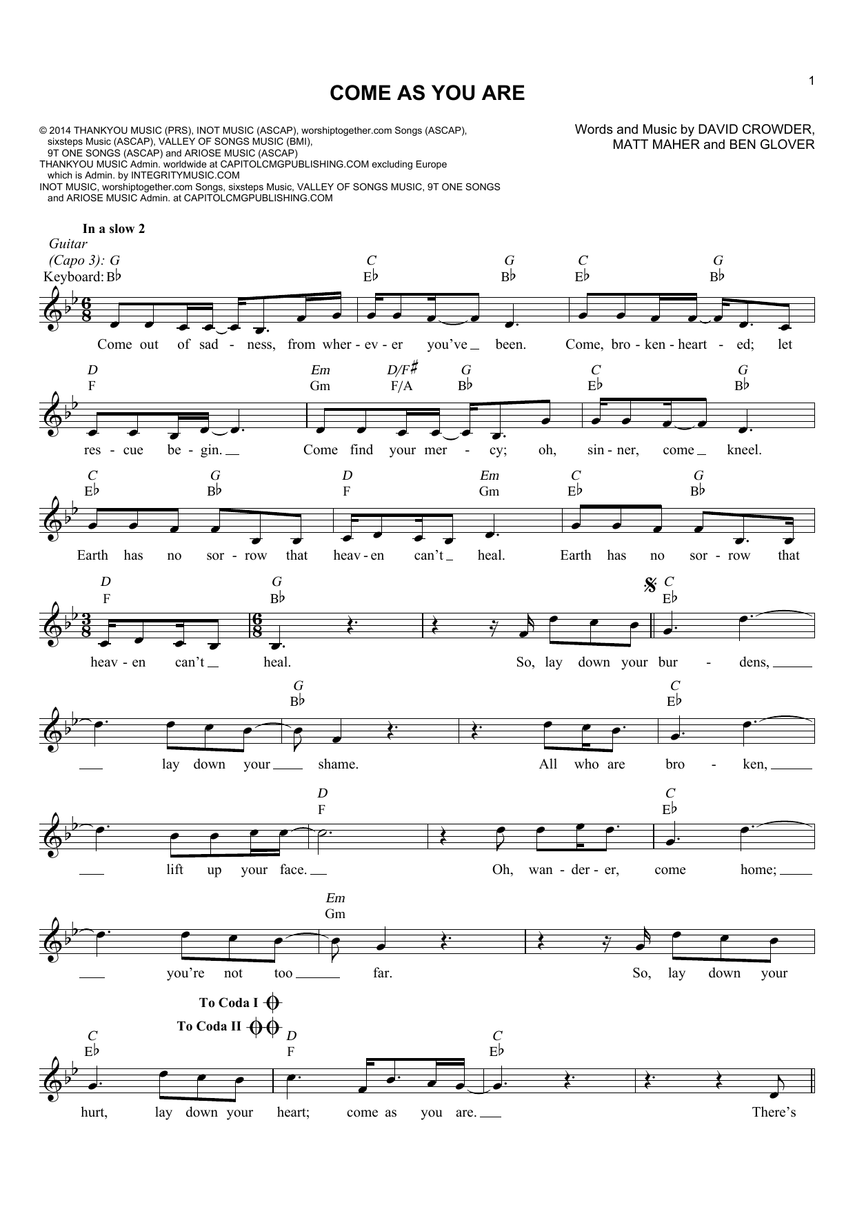 Download Crowder Come As You Are Sheet Music