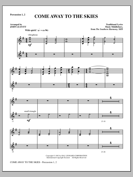 Download John Leavitt Come Away To The Skies - Percussion 1 & Sheet Music