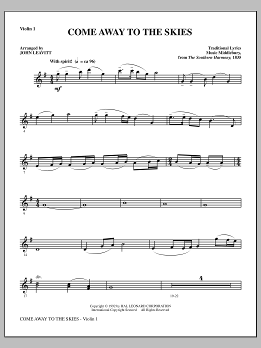 Download John Leavitt Come Away To The Skies - Violin 1 Sheet Music