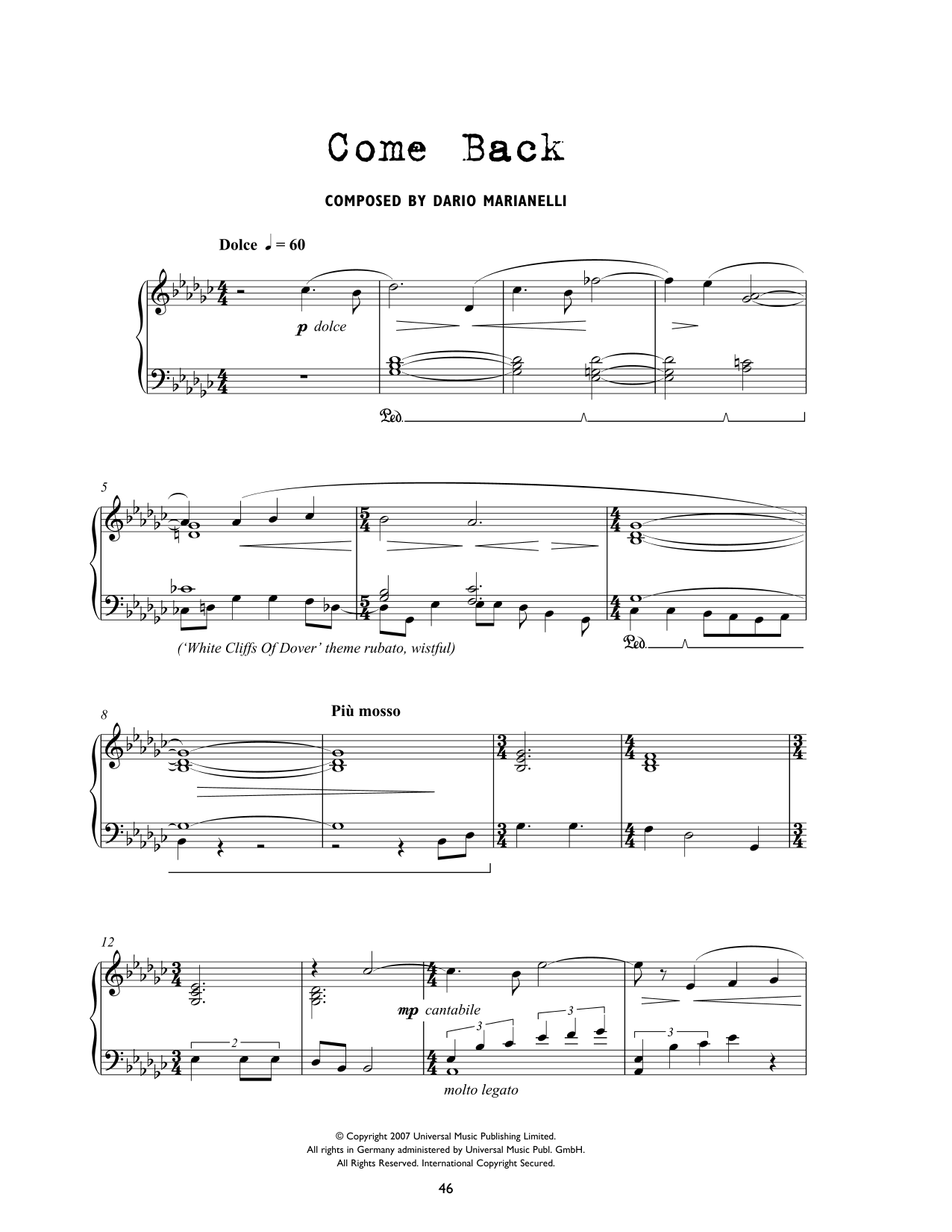 Download Dario Marianelli Come Back (from Atonement) Sheet Music