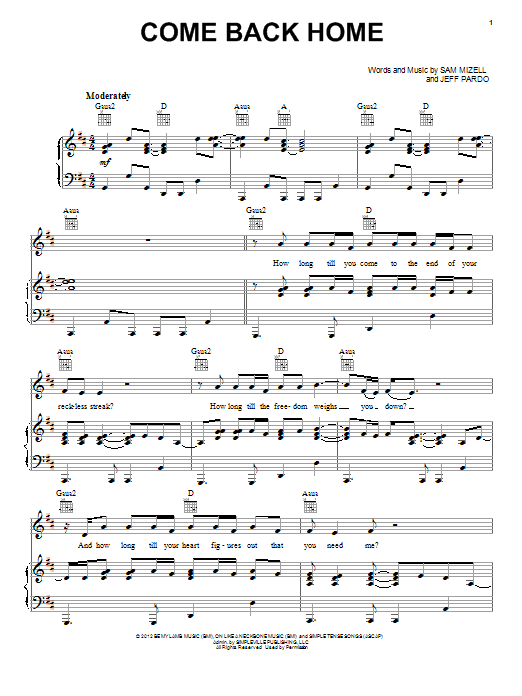Download Kutless Come Back Home Sheet Music