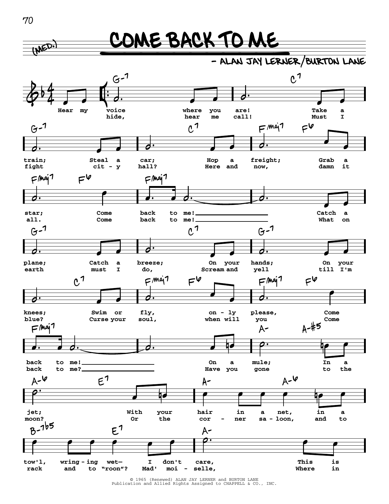 Download Alan Jay Lerner Come Back To Me (High Voice) Sheet Music