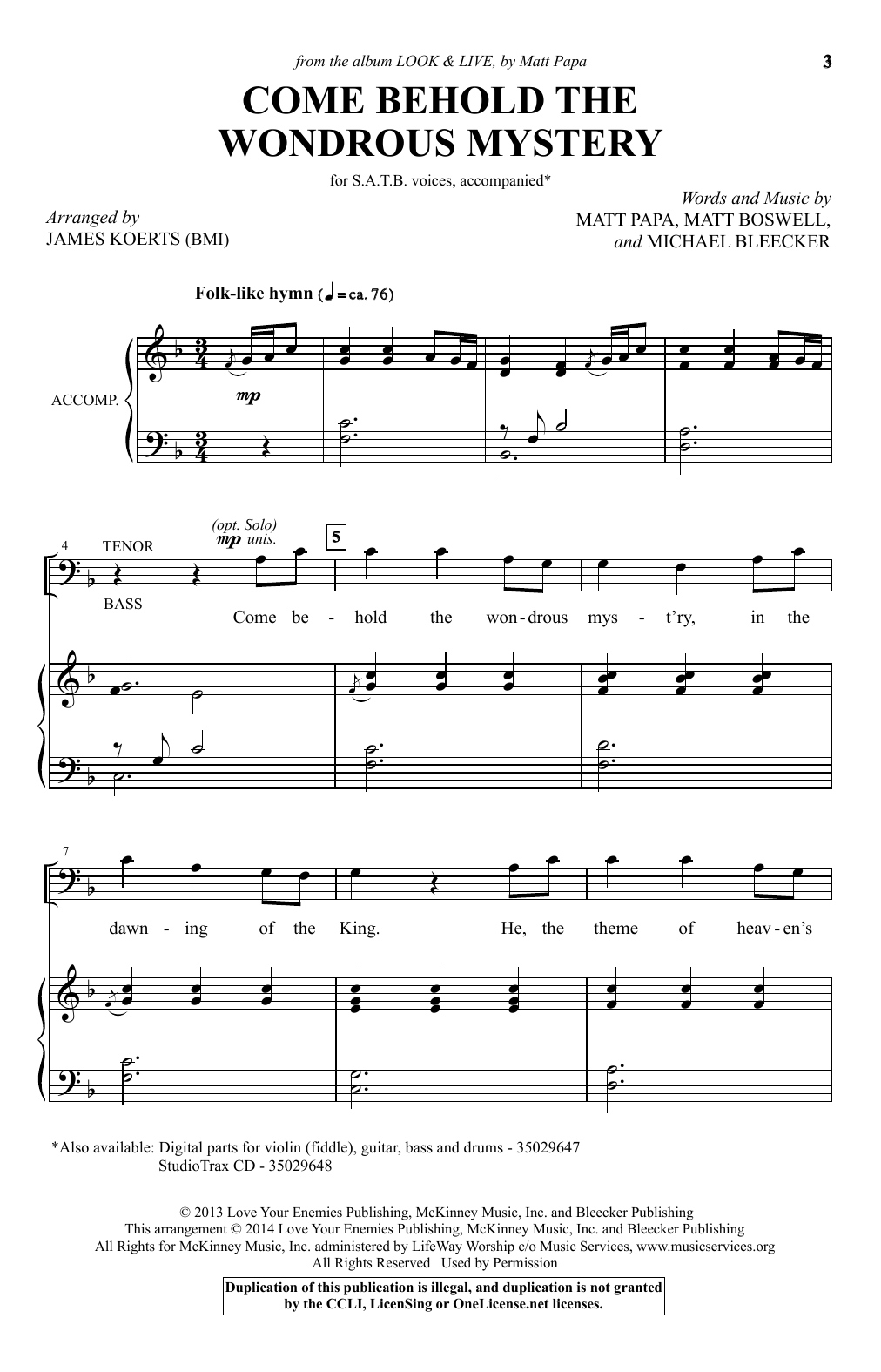 Download James Koerts Come Behold The Wondrous Mystery Sheet Music