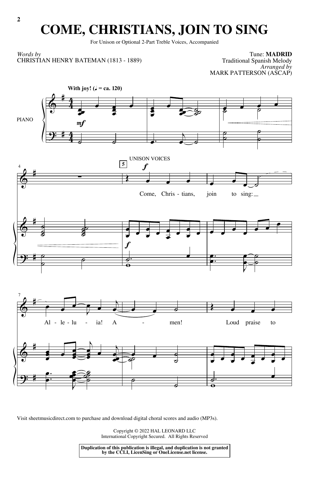 Download Traditional Spanish Melody Come, Christians, Join To Sing (arr. Ma Sheet Music