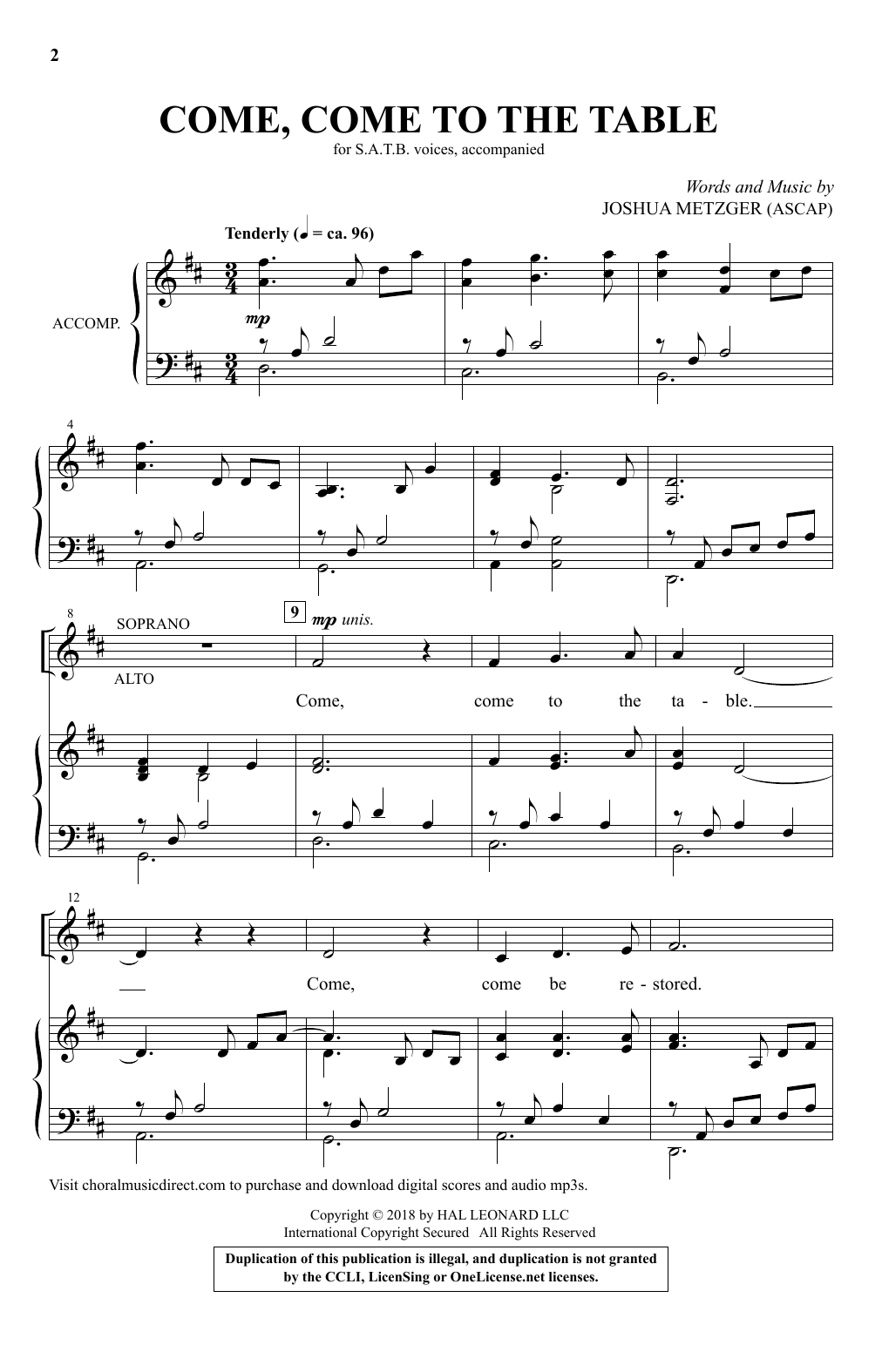 Download Joshua Metzger Come, Come To The Table Sheet Music