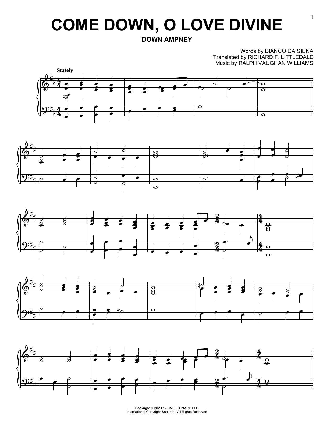 Download Bianco da Siena and Ralph Vaughan Wi Come Down, O Love Divine Sheet Music
