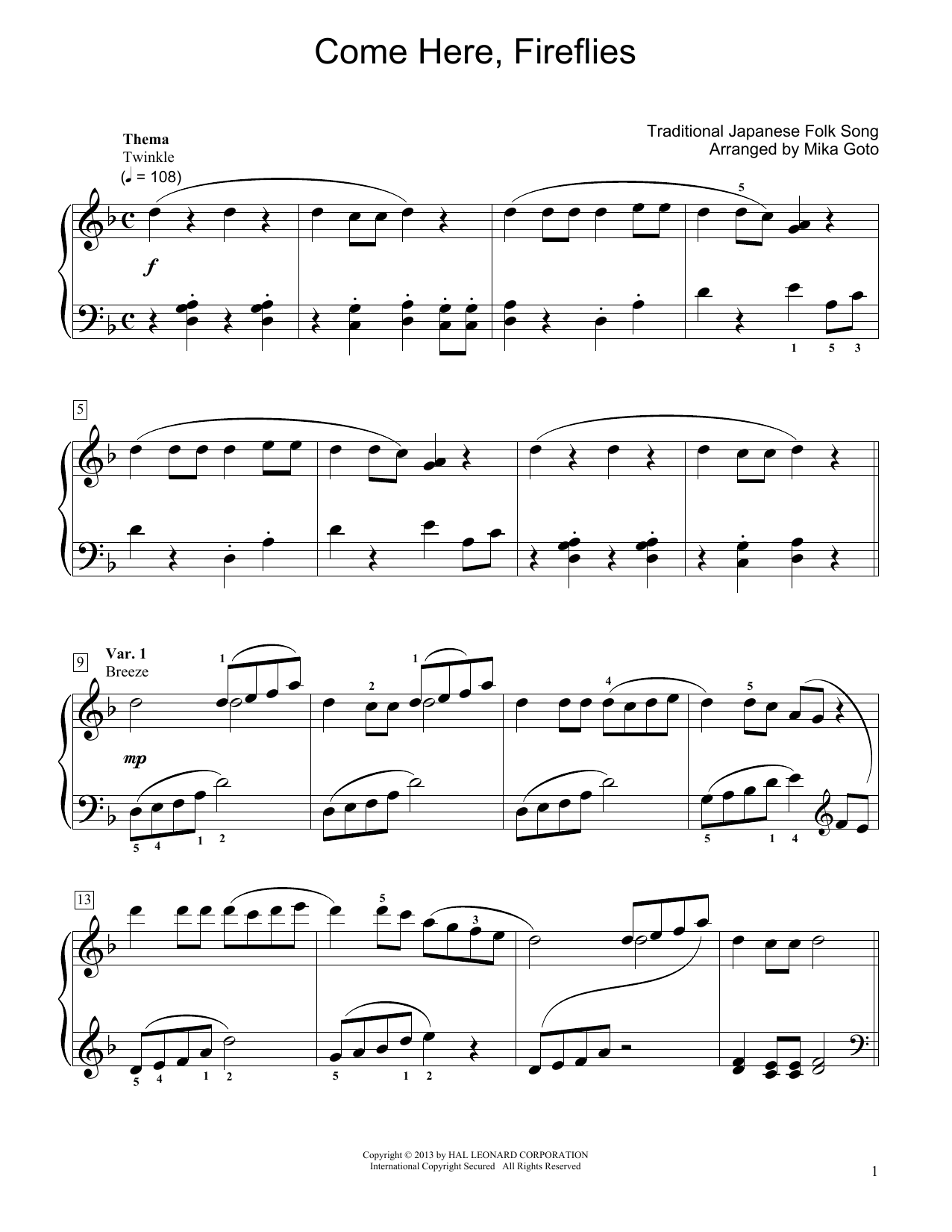 Download Traditional Japanese Folk Song Come Here, Fireflies (arr. Mika Goto) Sheet Music
