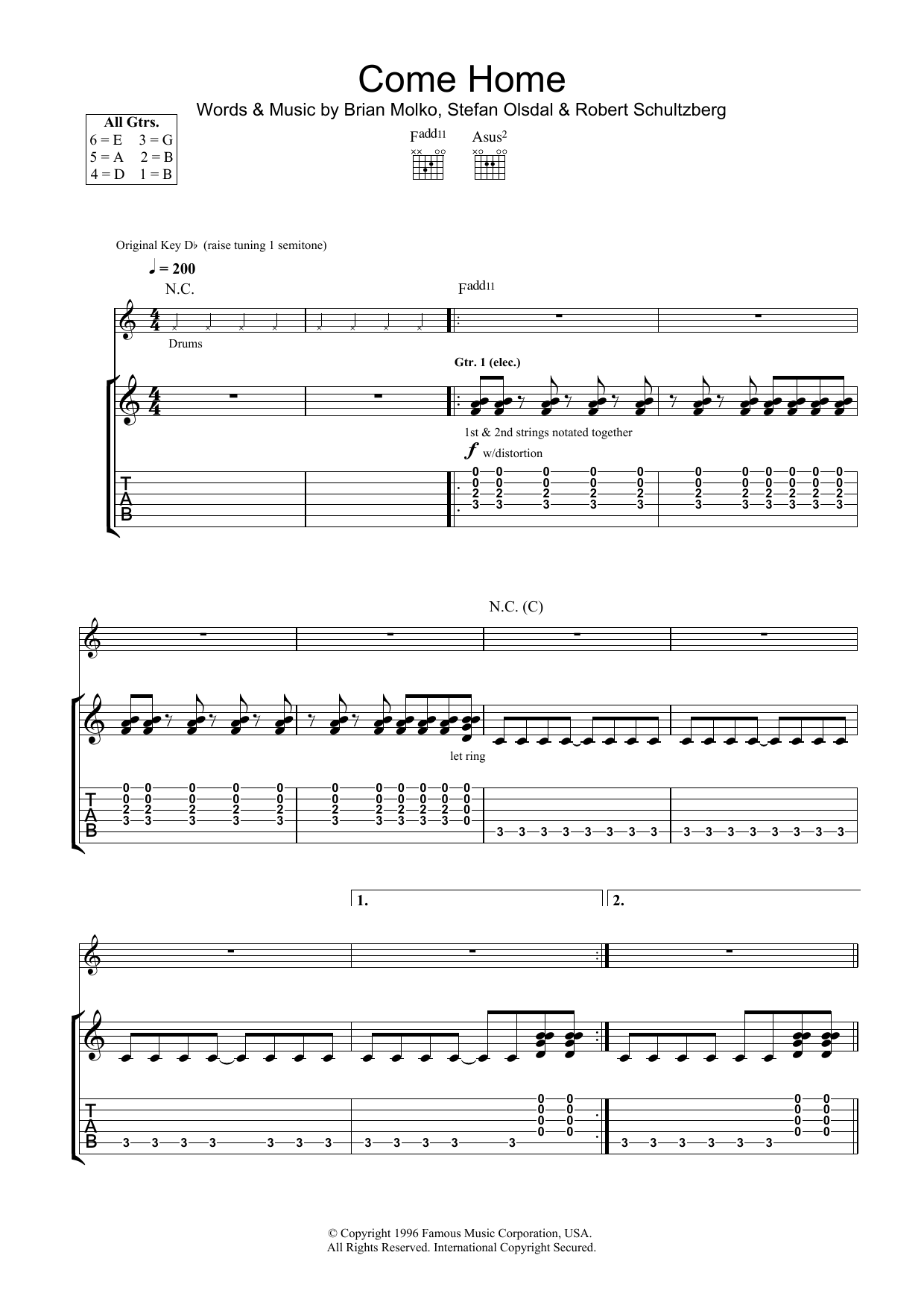 Download Placebo Come Home Sheet Music