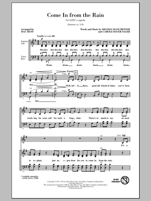Download The Captain & Tennille Come In From The Rain (arr. Mac Huff) Sheet Music