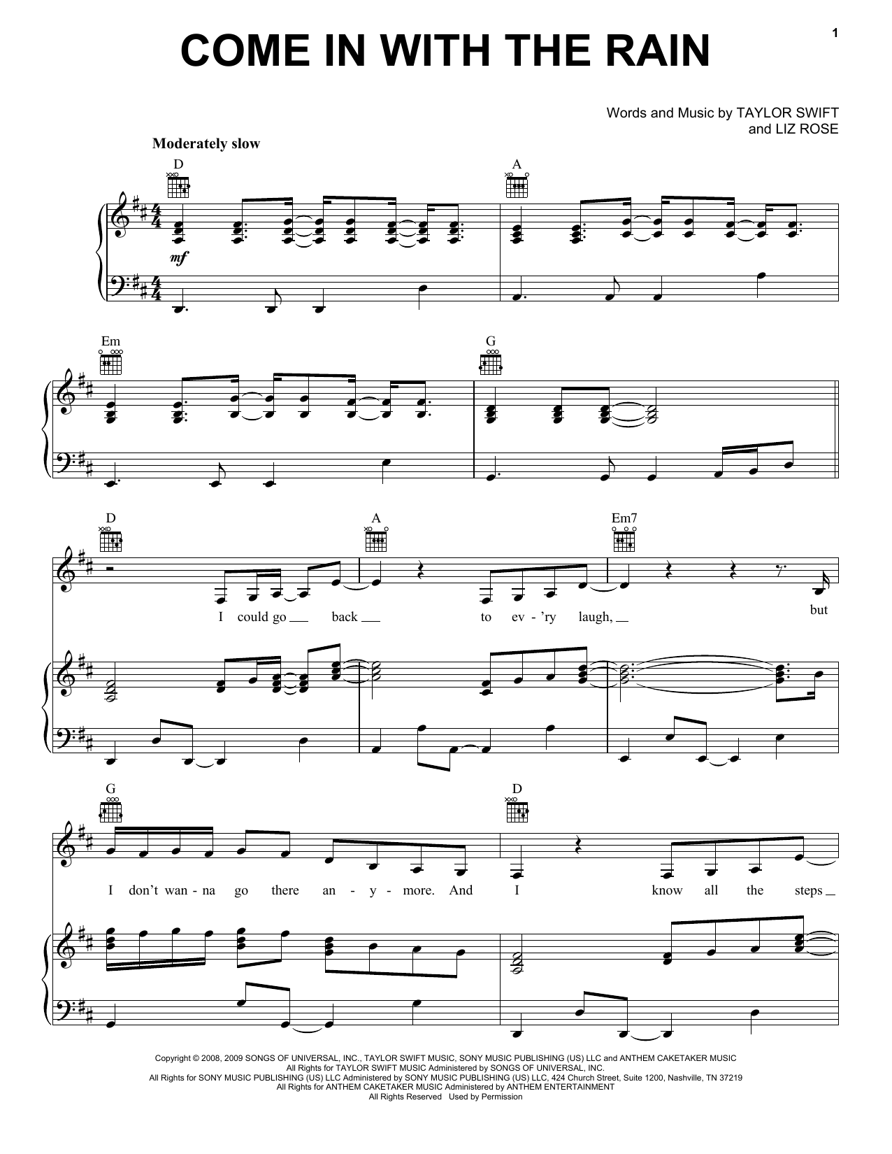 Download Taylor Swift Come In With The Rain Sheet Music