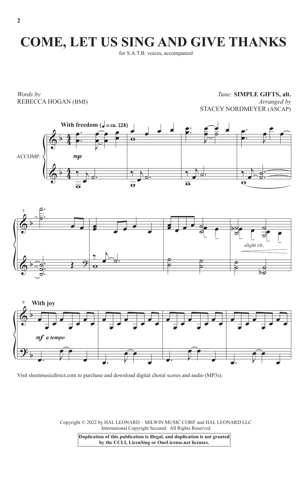 Download Rebecca Hogan Come, Let Us Sing And Give Thanks (arr. Sheet Music