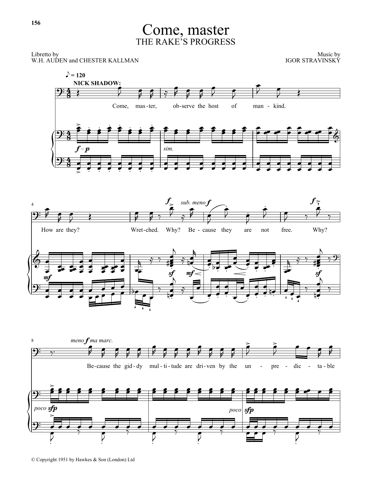 Download Igor Stravinsky Come, master (from The Rake's Progress) Sheet Music