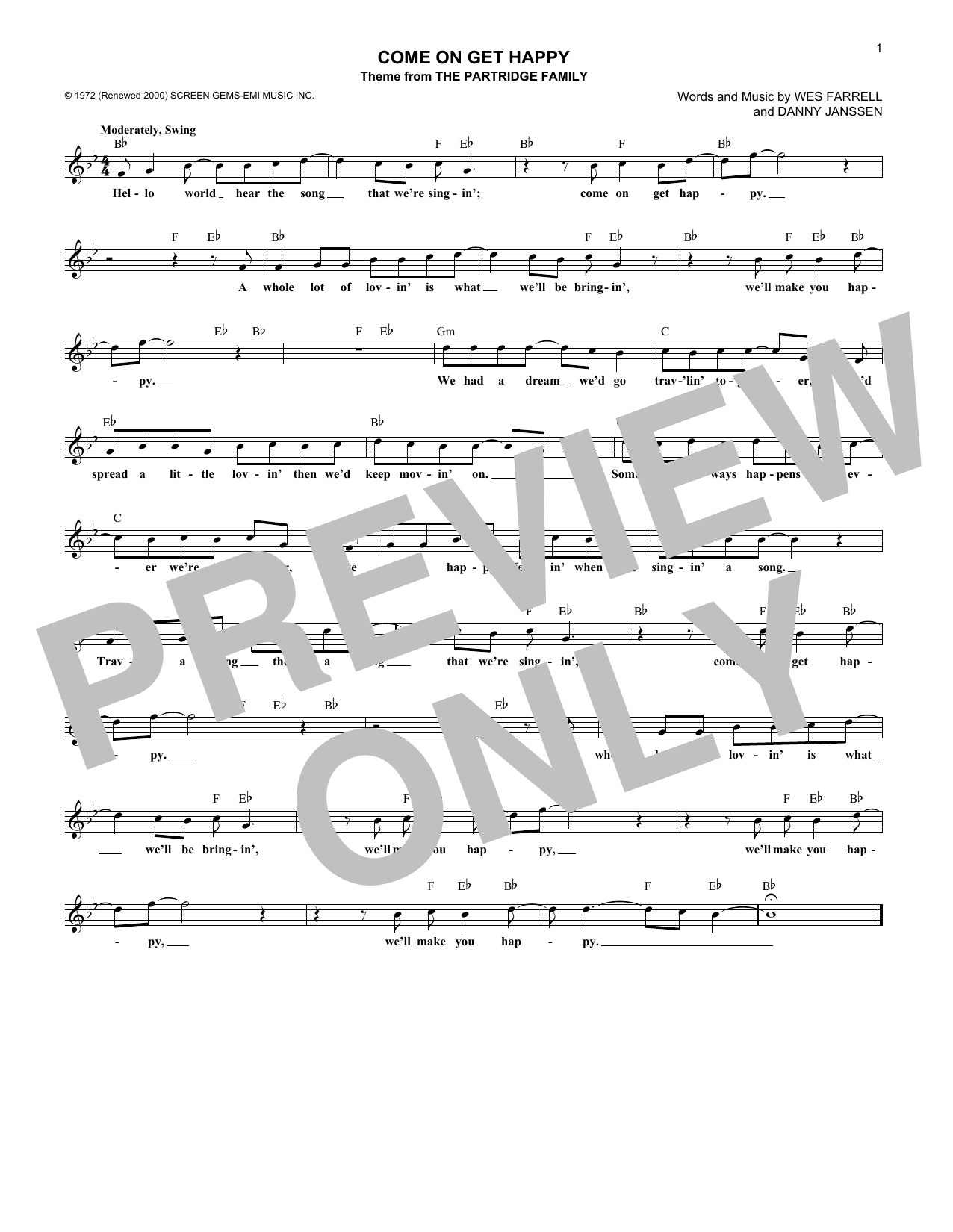Download The Partridge Family Come On Get Happy Sheet Music
