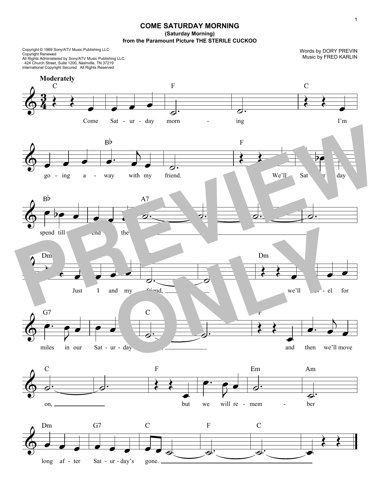 Download The Sandpipers Come Saturday Morning (Saturday Morning Sheet Music