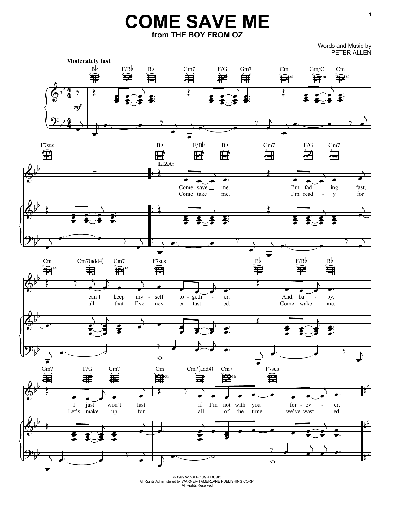 Download Peter Allen Come Save Me Sheet Music