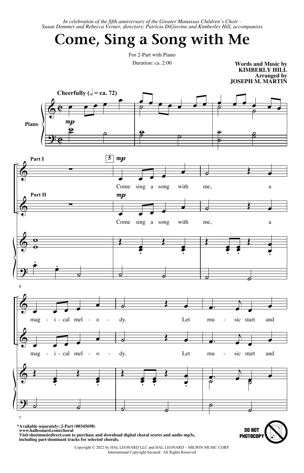 Download Kimberly Hill Come, Sing A Song With Me (arr. Joseph Sheet Music