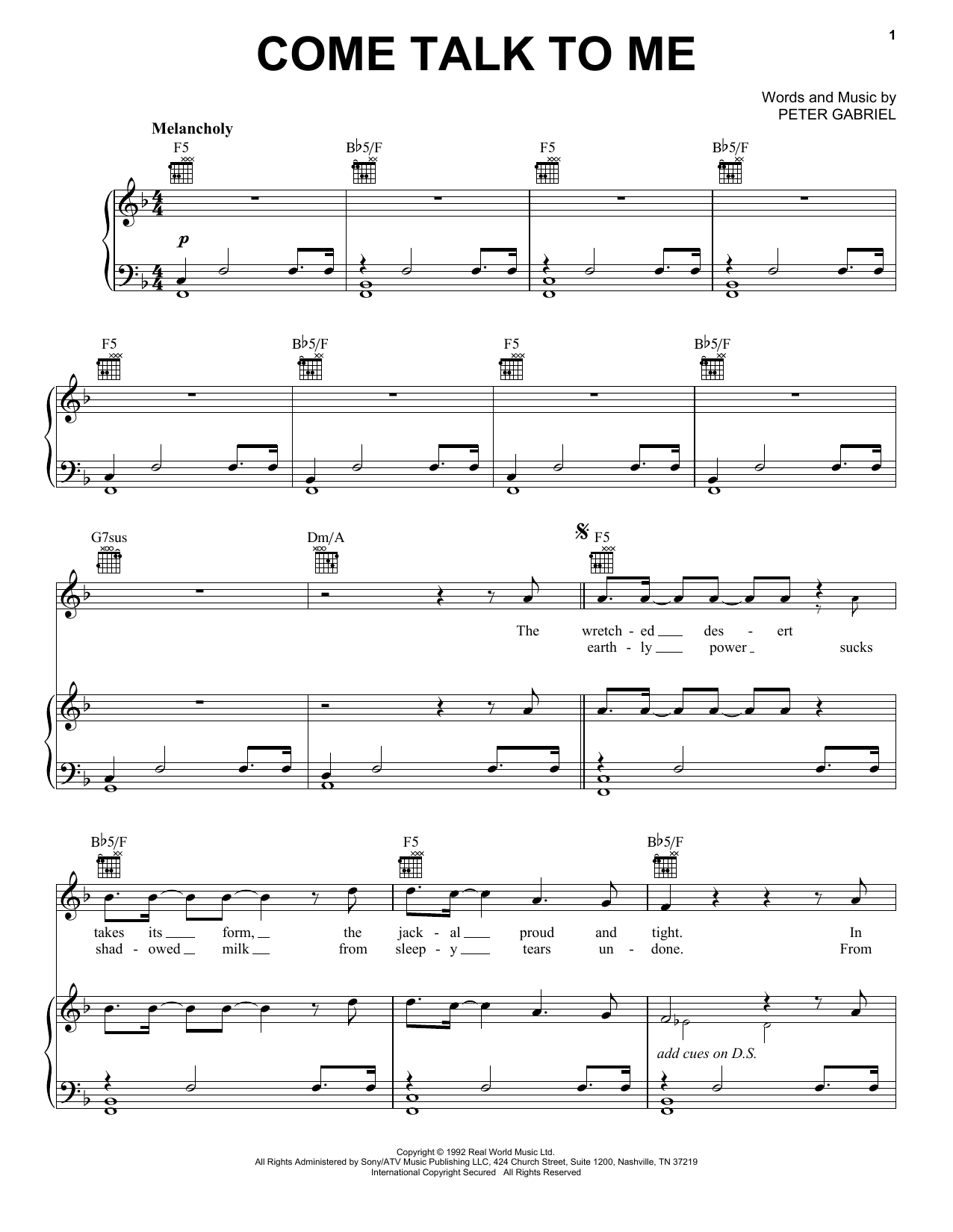 Download Peter Gabriel Come Talk To Me Sheet Music
