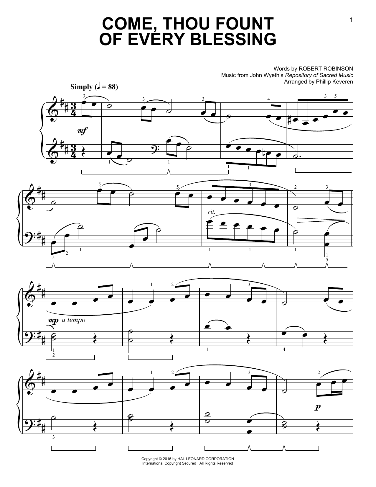Download John Wyeth Come, Thou Fount Of Every Blessing [Cla Sheet Music