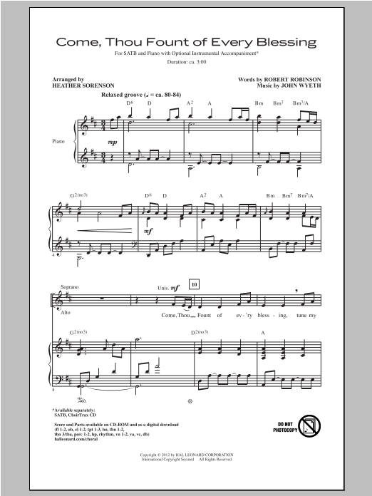 Download John Wyeth Come, Thou Fount Of Every Blessing (arr Sheet Music