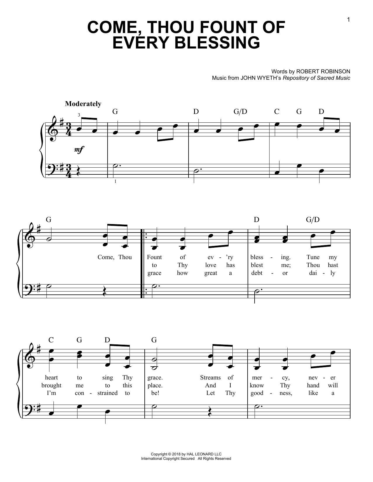 Download John Wyeth Come, Thou Fount Of Every Blessing Sheet Music