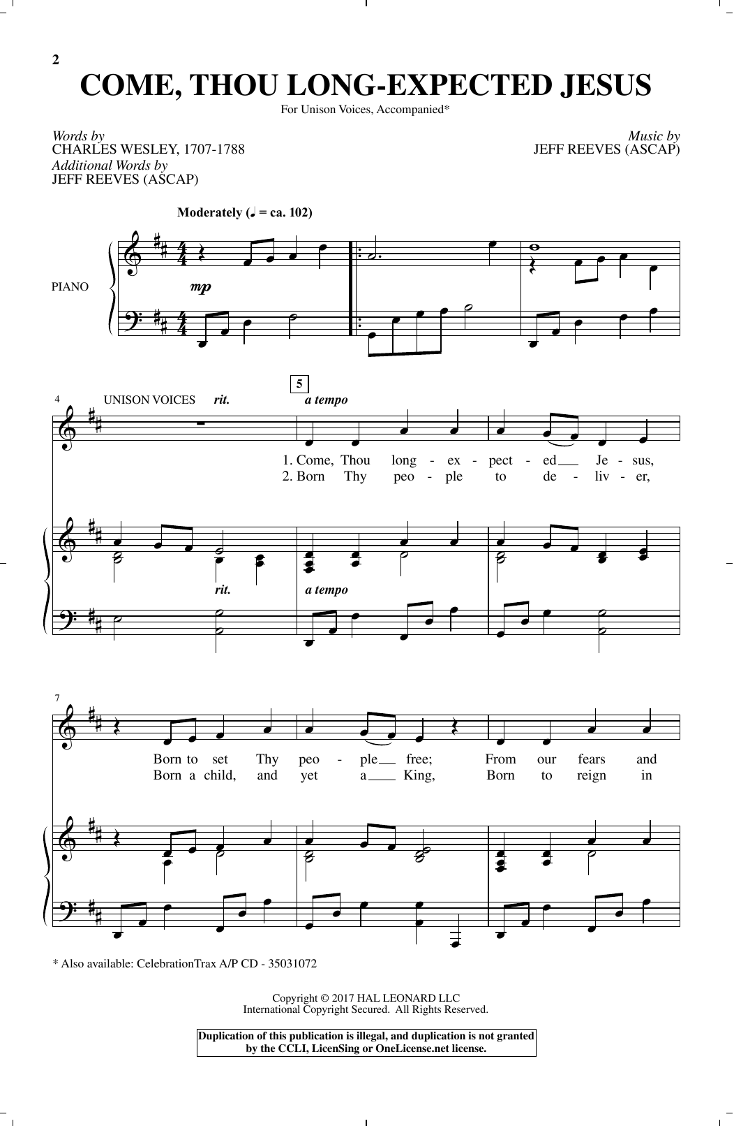Download Jeff Reeves Come, Thou Long-Expected Jesus Sheet Music