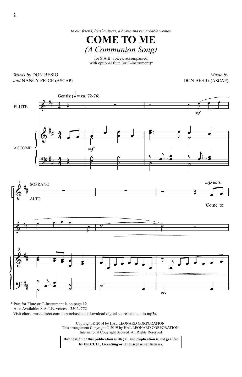 Download Don Besig and Nancy Price Come To Me (A Communion Song) Sheet Music