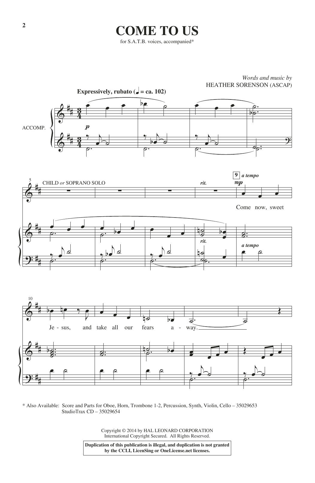 Download Heather Sorenson Come To Us Sheet Music