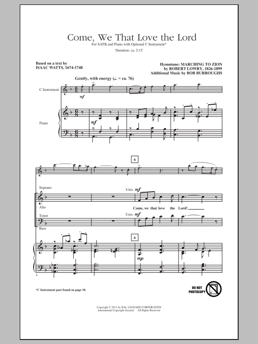Download Robert Lowry Come, We That Love The Lord Sheet Music