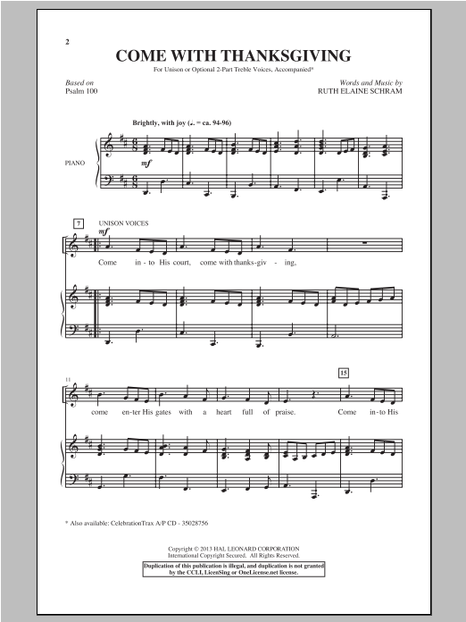 Download Ruth Elaine Schram Come With Thanksgiving Sheet Music