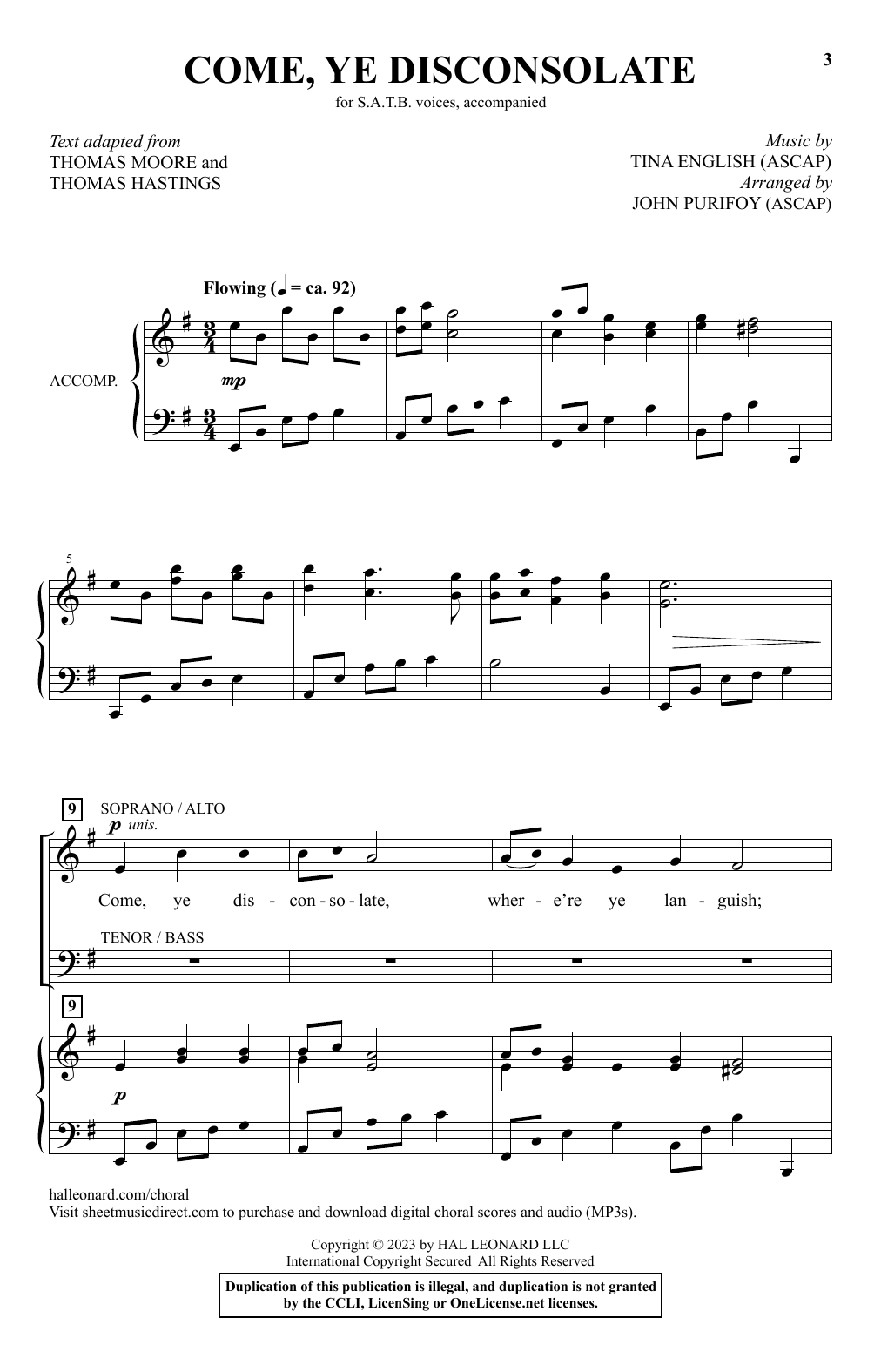 Tina English Come, Ye Disconsolate (arr. John Purifoy) sheet music notes printable PDF score