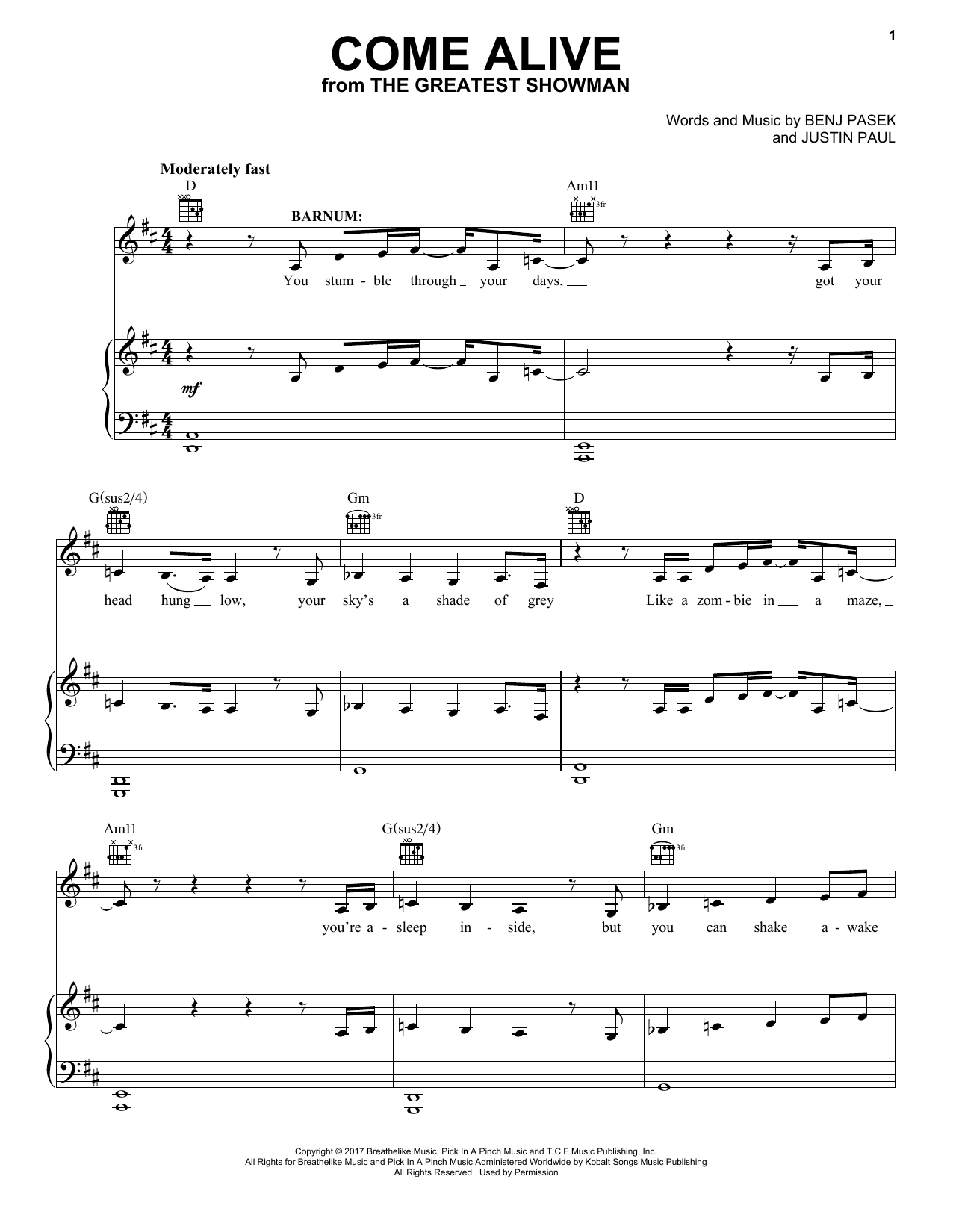 Pasek & Paul Come Alive (from The Greatest Showman) sheet music notes printable PDF score