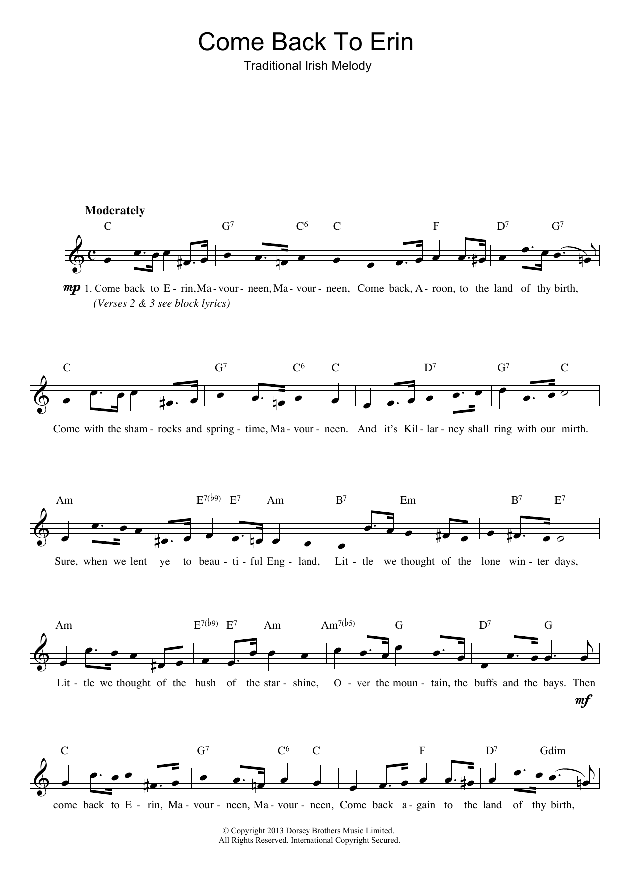 The Corrs Come Back To Erin sheet music notes printable PDF score