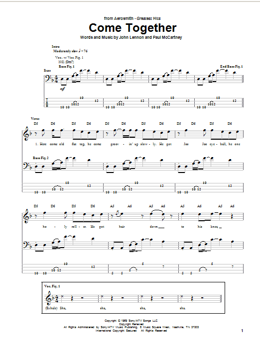 Aerosmith Come Together sheet music notes printable PDF score