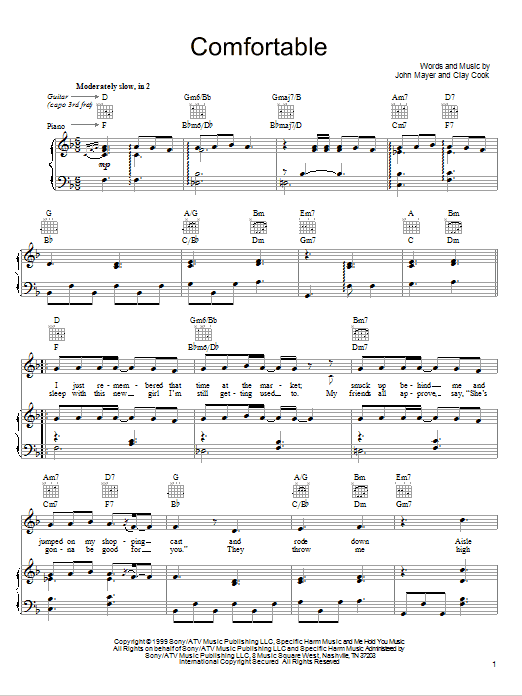 John Mayer Comfortable sheet music notes printable PDF score