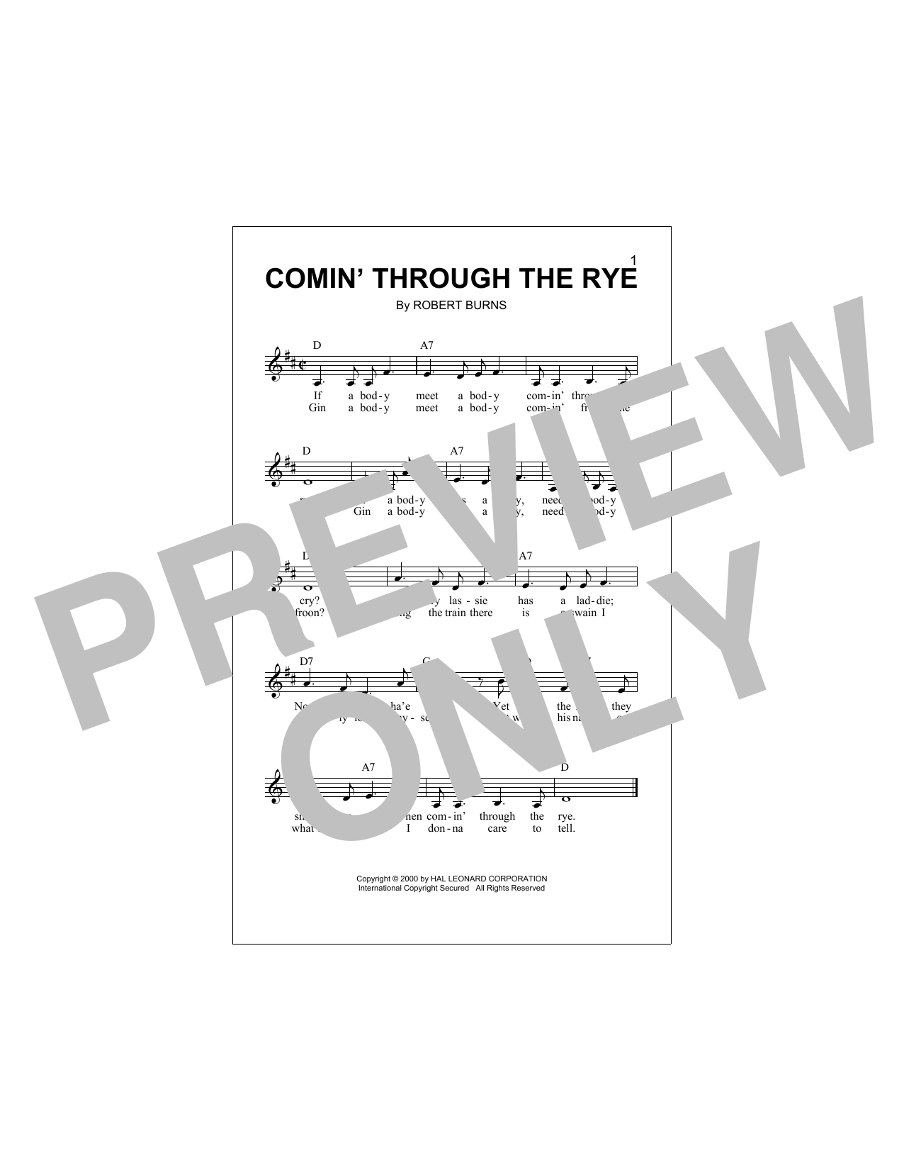 Download Robert Burns Comin' Through The Rye Sheet Music
