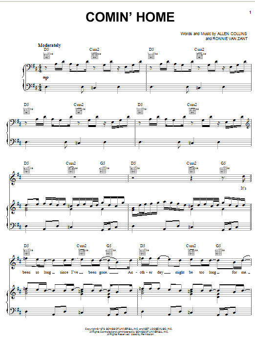 Lynyrd Skynyrd Comin' Home sheet music notes printable PDF score