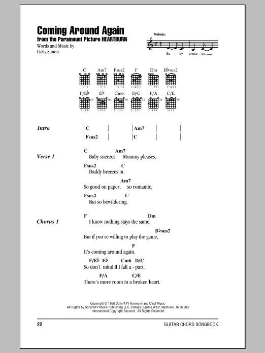Download Carly Simon Coming Around Again Sheet Music