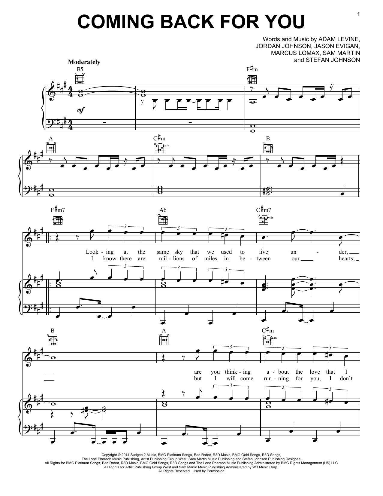 Download Maroon 5 Coming Back For You Sheet Music