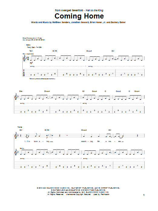 Download Avenged Sevenfold Coming Home Sheet Music