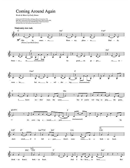 Carly Simon Coming Around Again sheet music notes printable PDF score