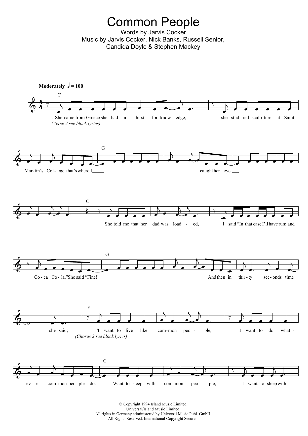 Download Pulp Common People Sheet Music