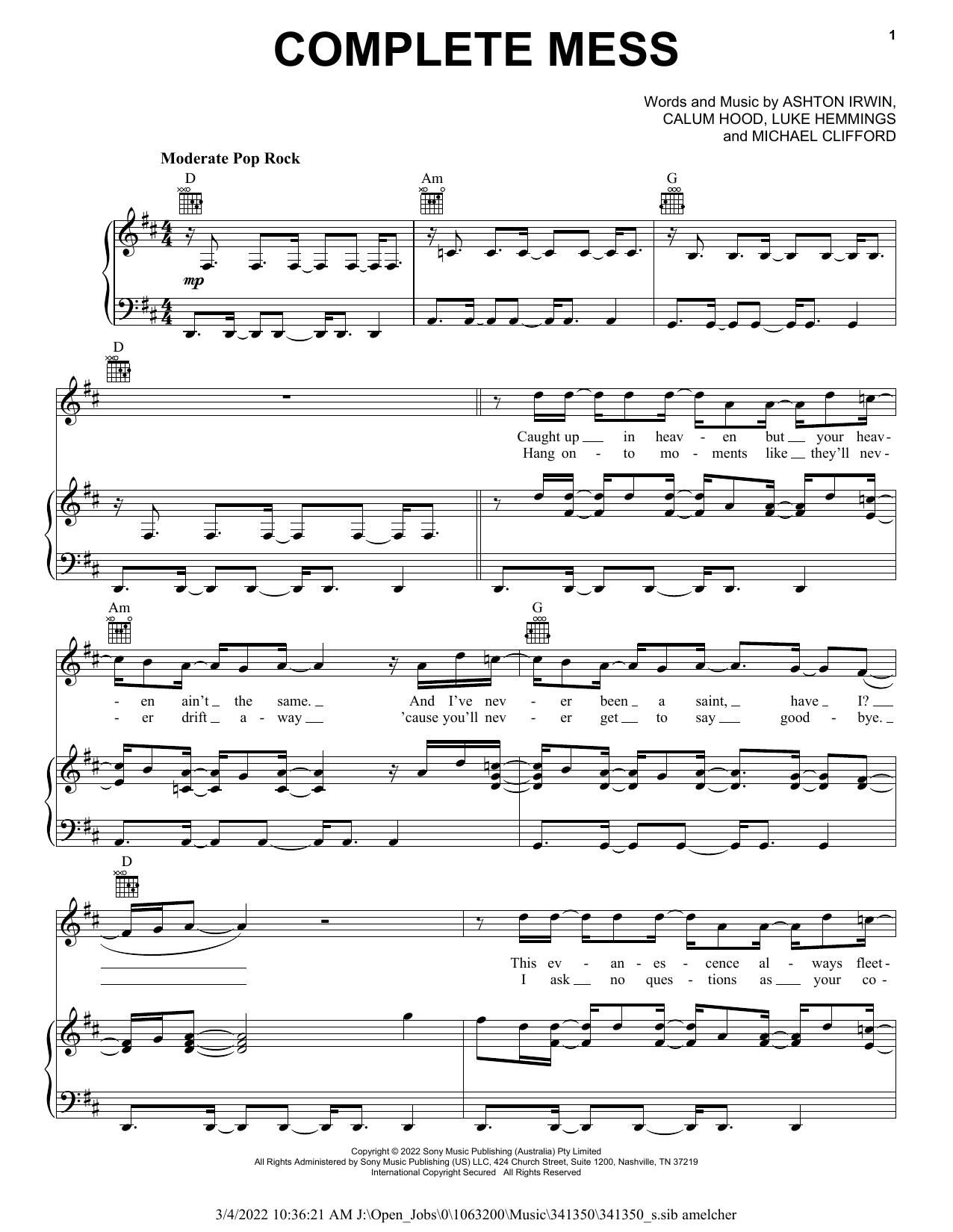 Download 5 Seconds of Summer Complete Mess Sheet Music