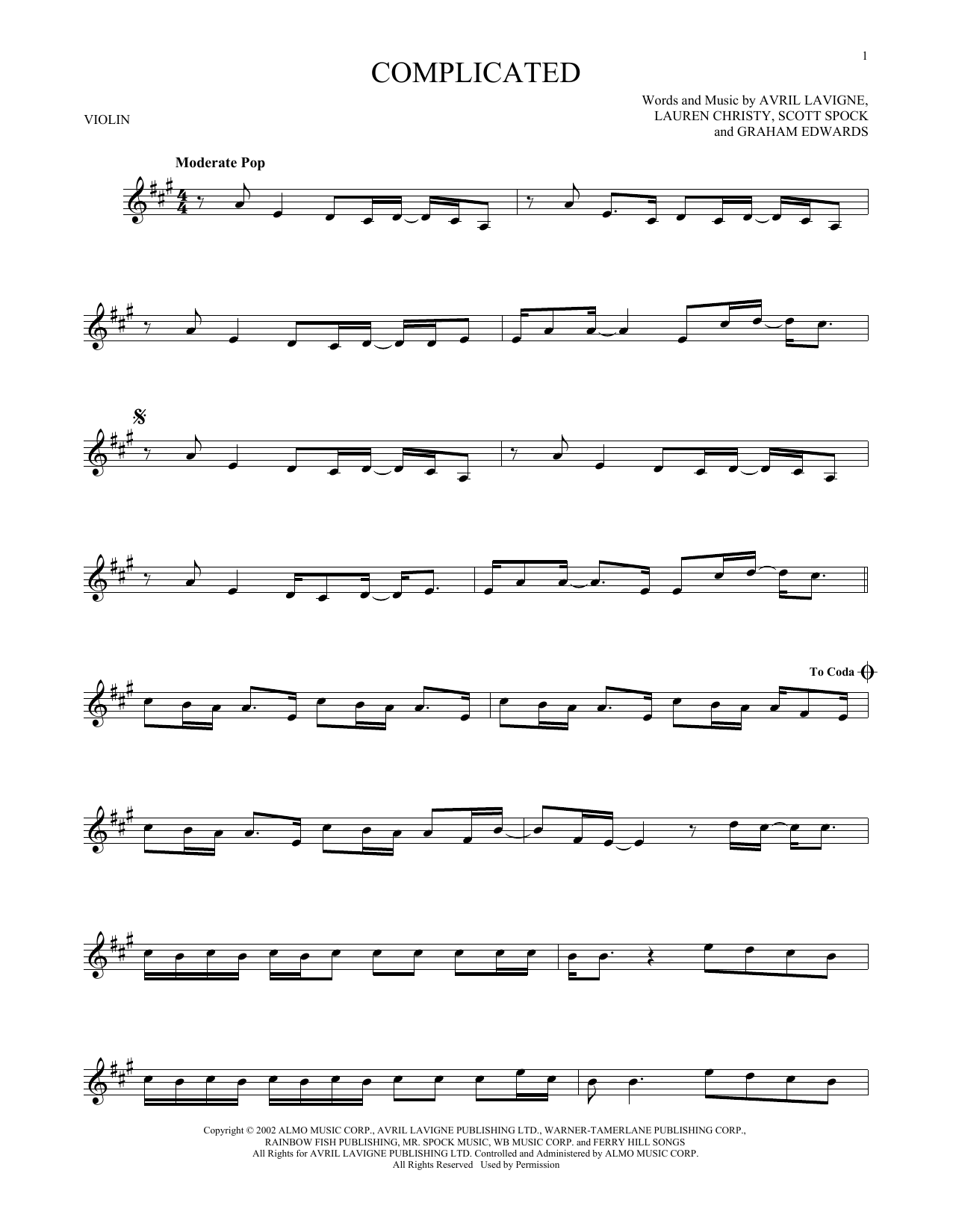Download Avril Lavigne Complicated Sheet Music