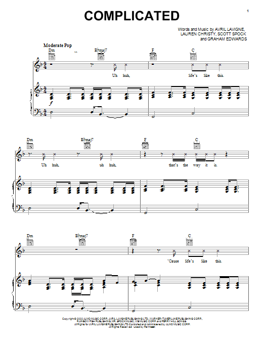 Avril Lavigne Complicated sheet music notes printable PDF score