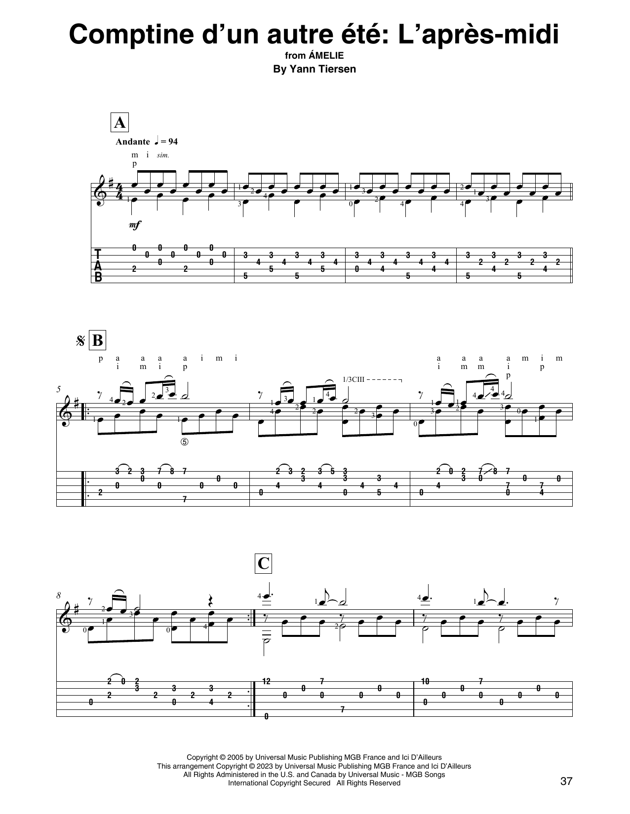Yann Tiersen Comptine d'un autre été: L'après-midi (from Amelie) sheet music notes printable PDF score